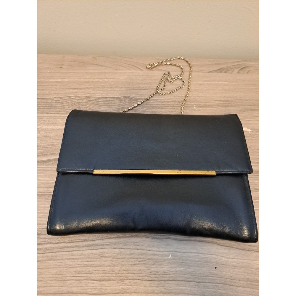 Ande Vintage 1960s Navy Blue Leather gold Closure Chain Strap Handbag Purse